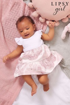 Lipsy Pink and White Baby Tiered Jacqard Dress With Matching Knicker (Q02882) | CHF 42