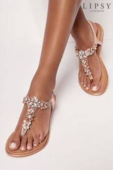 Růžovo zlatá - Kožené sandály Lipsy na nízkém podpatku zdobené kamínky (Q03062) | 990 Kč