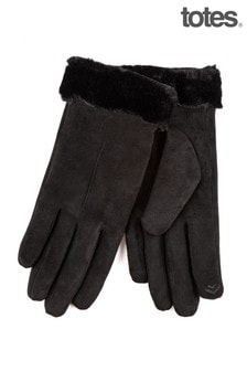 Totes Black Isotoner Ladies One Point Faux Suede Glove with Faux Fur Cuff Detail (Q03915) | €32