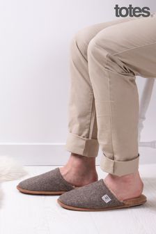 Totes Brown Mens Wool Check Mule Slippers (Q03963) | €15.50