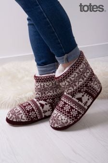 Totes Red Christmas Ladies Fair Isle Boot Slippers (Q04010) | kr389