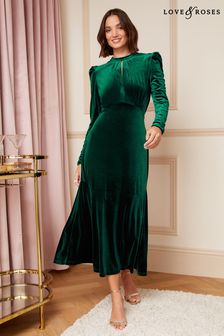 Zelenomoder in zelen žamet - Love & Roses srednje dolga obleka iz džersija z dolgimi rokavi in izrezom (Q04049) | €32