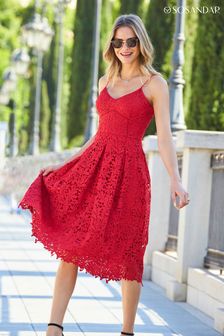 Sosandar Red Guipure Lace Strappy Fit And Flare Dress (Q04066) | €47