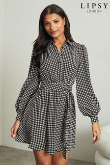 Lipsy Dogtooth Regular Tie Waist Shirt Dress (Q04213) | $78