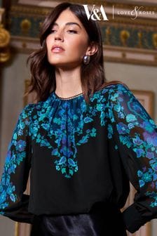 Schwarz/Blau - Love & Roses Hoch geschlossene, langärmelige, bedruckte Bluse aus Chiffon mit Raffung (Q04823) | 33 €