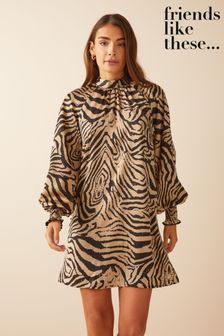 Friends Like These Camel Satin Tie Neck Mini Dress (Q04835) | $57