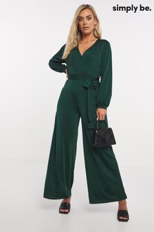Simply Be Green Slinky Wrap Tie Front Wide Leg Jumpsuit (Q05178) | ₪ 115