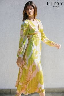 Lipsy Lime Floral Petite Long Sleeve Pleated V Neck Channel Waist Midi Dress (Q05702) | $109