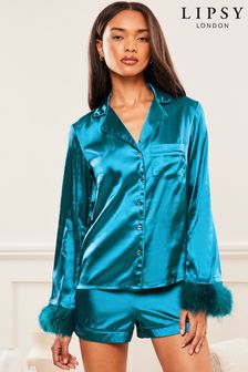 Lipsy Blue Petite Satin Feather Long Sleeve Shirt Pyjamas (Q05841) | SGD 80