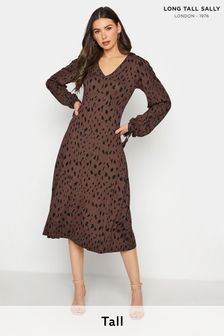 Long Tall Sally Brown Animal Dash Print Long Sleeve Tea Dress (Q06406) | $66