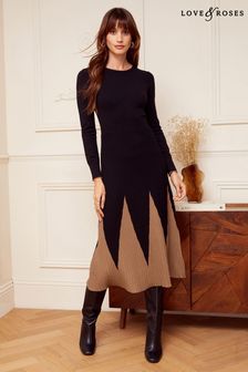 Love & Roses Black Godet Skirt Long Sleeve Knitted Midi Dress (Q06962) | CA$169