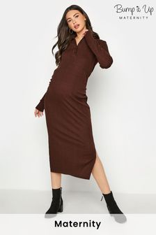 Bump It Up Maternity Brown Soft Ribbed Polo Midi Dress (Q07269) | $84