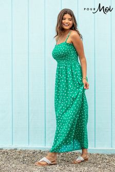 Pour Moi Green Polka Dot Spot Removable Straps Shirred Bodice Maxi Dress (Q07373) | ₪ 163