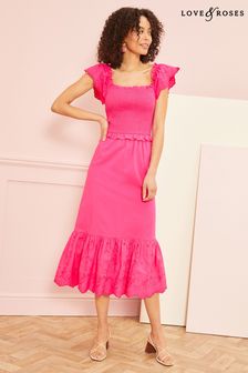Love & Roses Pink Shirred Broderie Midi Dress (Q07424) | 25 €
