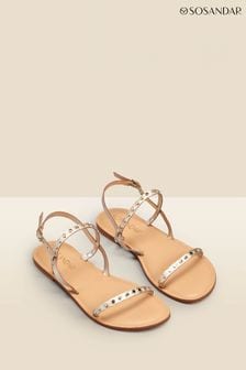 Sosandar Gold Leather Stud Detail Strappy Flat Sandals (Q07554) | 193 QAR