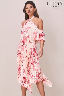 Lipsy Pink Pleated Printed Cold Shoulder Hanky Hem Midi Dress (Q07674) | INR 7,025
