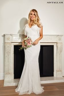 Sistaglam White White Beaded Sequin Maxi Dress with Frill Sleeve (Q08284) | 242 €