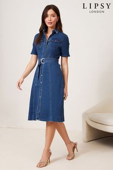 Lipsy Blue Regular Short Sleeve Button Through Denim Midi Dress (Q08420) | €22.50