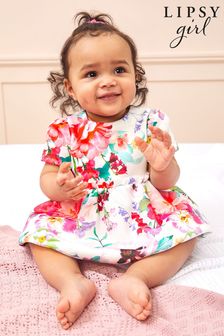 Lipsy White Bright Floral Baby Puff Sleeve Dress With Matching Knicker (Q09724) | €37 - €40