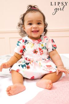 Lipsy Blush Pink Floral Baby Puff Sleeve Dress With Matching Knicker (Q09726) | €7.50 - €9