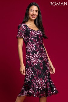 Roman Purple Floral Shimmer Fit & Flare Dress (Q09754) | 81 €