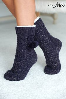 Pour Moi Blue Cosy Cable Knit Slipper Sock (Q10362) | €22