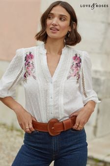 Love & Roses Ivory Embroidery Regular Frill Neck Blouse (Q10404) | $54