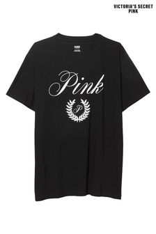 Pure Black - Victoria's Secret Pink Short Sleeve Oversized Campus T-shirt (Q10548) | kr460