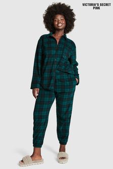 Victoria's Secret PINK Black Ivy Green Plaid Long Sleeve Polar Fleece Jogger Set (Q10598) | CHF 81