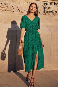 Friends Like These Puff Sleeve Ruched Waist V Neck Midi Summer Dress