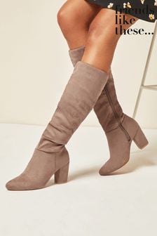 Friends Like These Grey Suedette Regular Fit Block Heeled Ruched Long Boots (Q10720) | 66 €