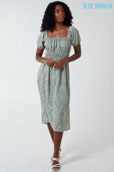 Blue Vanilla Green Floral Square Neck Midi Dress (Q10780) | $43