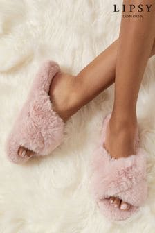 Lipsy Nude Pink Cross Strap Faux Fur Slipper (Q10907) | DKK131