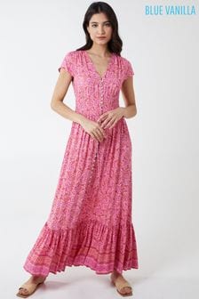 Blue Vanilla Pink Shirring Waist Button Front Dress (Q10920) | $78