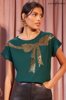 Vert - T-shirt Love & Roses manches courtes en jersey à sequins avec nœud (Q11175) | €31