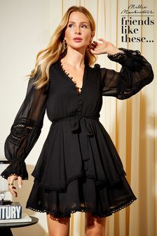 Friends Like These Black Chiffon Tiered Long Sleeve Tie Waist Mini Dress (Q11264) | $65