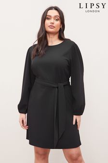 Lipsy Black Curve Long Sleeve Round Neck Tie Waist Shift Dress (Q11559) | €54
