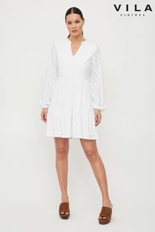VILA White Long Sleeve Broderie Tiered Smock Summer Dress (Q11679) | $58