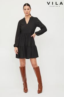VILA Black Long Sleeve Broderie Tiered Smock Dress (Q11680) | ₪ 177