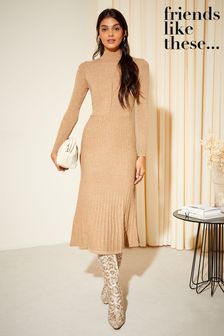 Friends Like These Camel High Neck Knitted Pleated Long Sleeve Midi Dress (Q11788) | €65