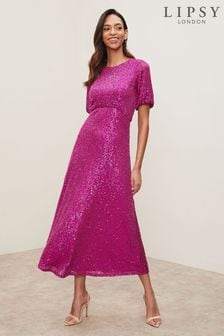 Roze - Lipsy midi-jurk met lovertjes, korte mouwen en naad onder de buste (Q12003) | €85