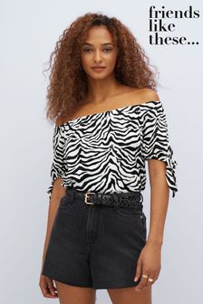 Friends Like These Monochrome Textured Short Sleeve Bardot Top with Tie detail (Q12226) | €13.50