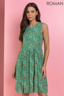 Roman Green Floral Print Fit & Flare Tea Dress (Q12266) | $63