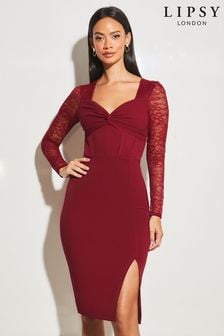 Lipsy Berry Red Knotted Sweetheart Neck Lace Long Sleeve Corset Dress (Q12398) | ₪ 240