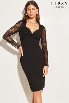 Lipsy Black Petite Knotted Sweetheart Neck Lace Long Sleeve Corset Dress (Q12399) | $109