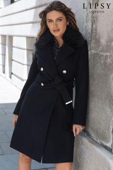 Lipsy Black Regular Military Button Faux Fur Belted Coat (Q12589) | €121