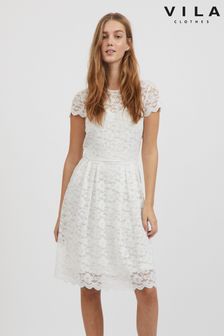 VILA White Short Sleeve Lace Pleated Dress (Q12705) | ₪ 149