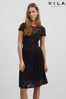 VILA Black Short Sleeve Lace Pleated Dress (Q12706) | $48