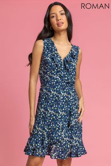 Roman Blue Floral Frill Detail Tea Dress (Q12892) | $59
