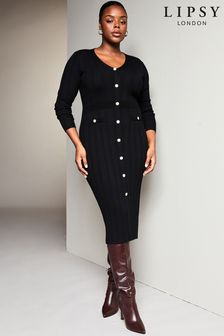 Черный - обивное платье миди с длинными рукавами и V-образным вырезом Lipsy (Q12980) | €32